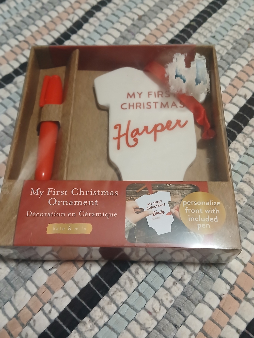 Kate & Milo 'My First Christmas' Personalized Ornament - White & Red